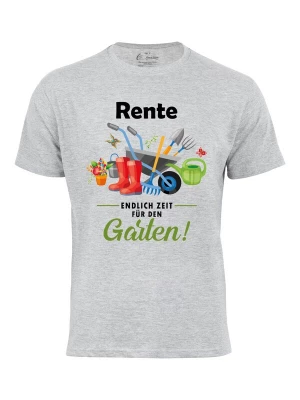 Foto van product Cotton Prime Shirt 'Rente - Endlich Zeit für den Garten' grijs / groen / rood / zwart
