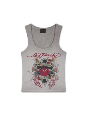 Foto van product Ed Hardy Top 'In Memory Of When I Cared' grijs / groen / donkerrood / zwart