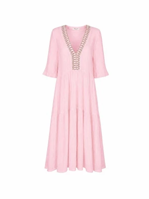 Foto van product Haris Cotton Jurk 'Maxi Dress in Textured Cotton with Laced Trim V Neck' lichtroze