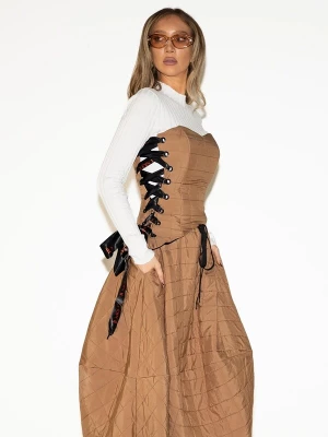 Foto van product IUnique Top 'Quilted Corset with Ribbon Ties' lichtbruin