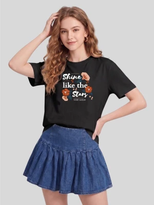 Foto van product LapaPlus Shirt 'Women Vintage Blue Flower Shine like the Stars Literary Print T-Shirt' zwart