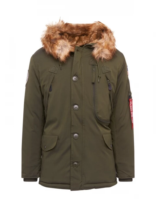 Foto van product ALPHA INDUSTRIES Winterjas 'Polar' chamois / olijfgroen / knalrood / wit