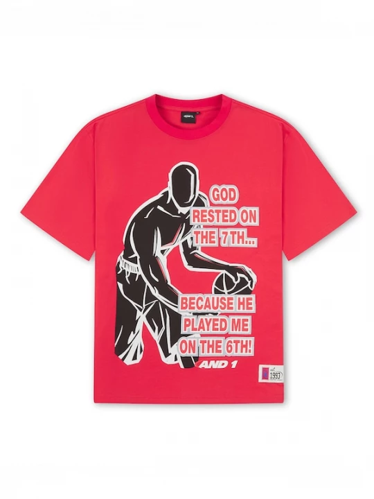 Foto van product AND1 Shirt 'Rested On The 7Th Trash Talk' lichtgrijs / rood / zwart / wit