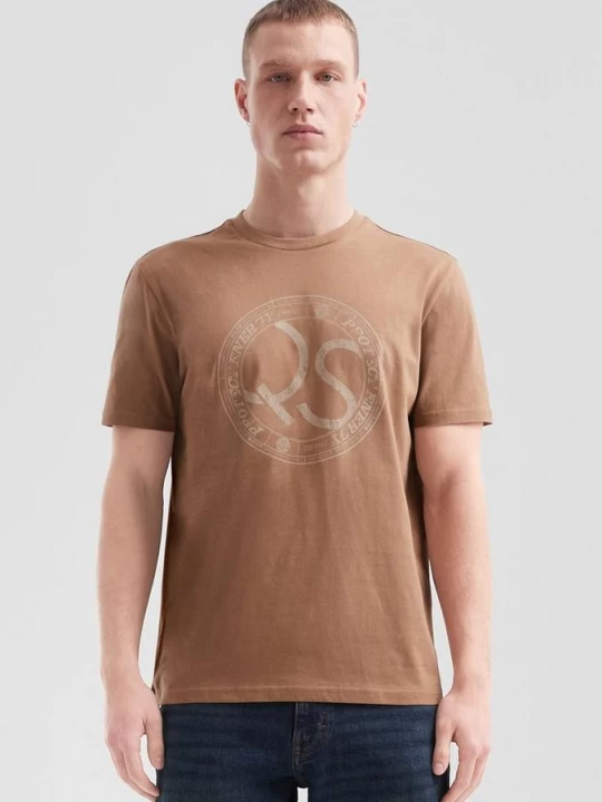Foto van product Basic T-shirt met ronde hals en frontprint QS bruin