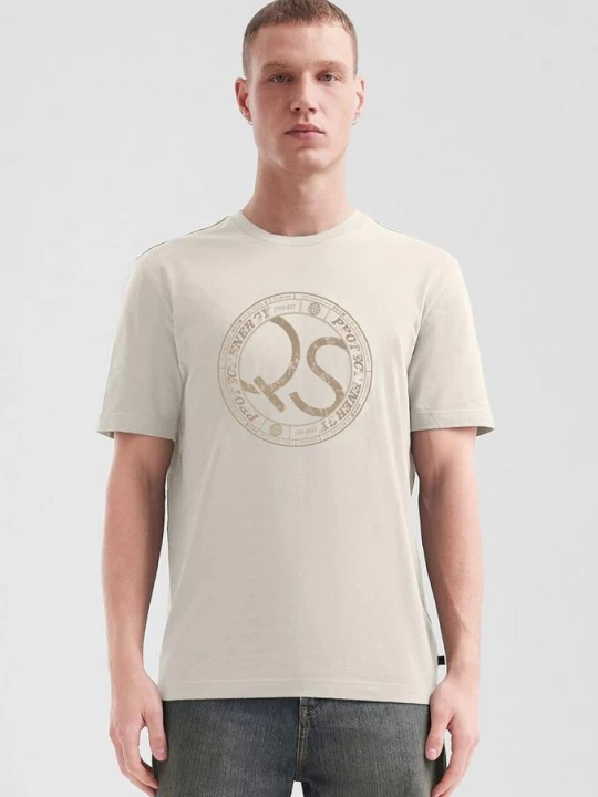 Foto van product Basic T-shirt met ronde hals en frontprint QS crème