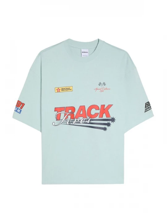 Foto van product Bershka Shirt 'SAVAG' aqua / oranje / zwart / wit