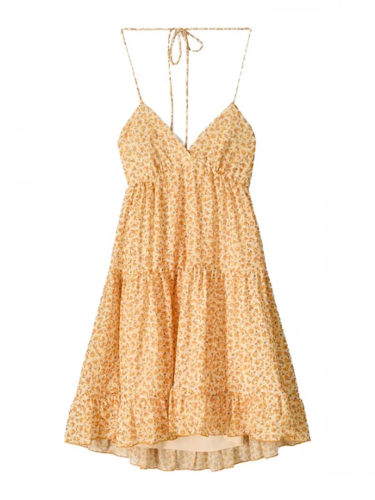 Foto van product Bershka Zomerjurk donkerbruin / geel / pasteelgeel / oranje
