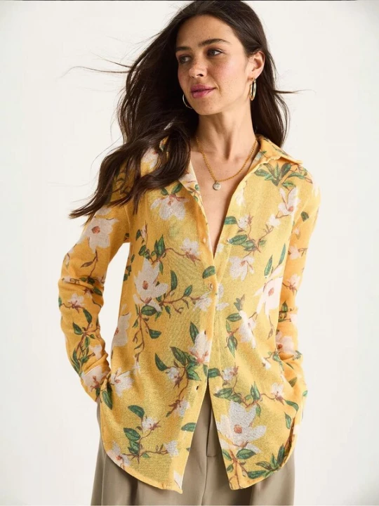 Foto van product Bianco Lucci Blouse chocoladebruin / citroengeel / spar / offwhite