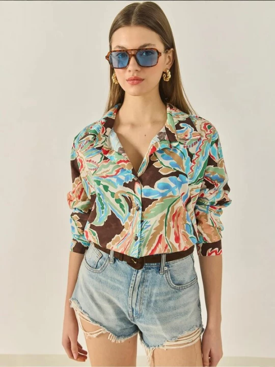 Foto van product Bianco Lucci Blouse donkerbeige / azuur / donkerbruin / mintgroen