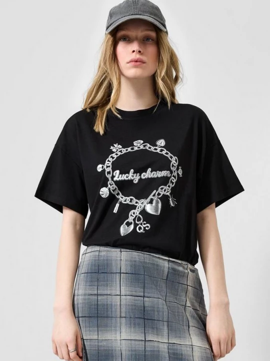 Foto van product Boyfriend-shirt met print op de voorkant QS zwart