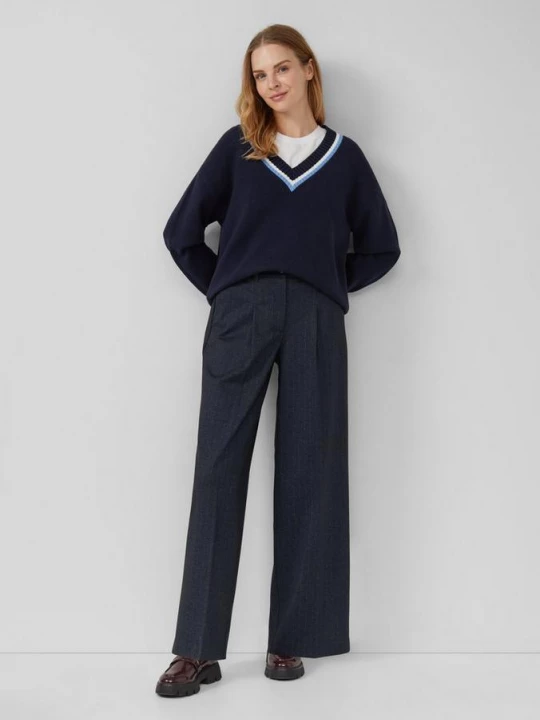 Foto van product Broek in interlock jersey met wijde pijpen en krijtstrepen s.Oliver blauw