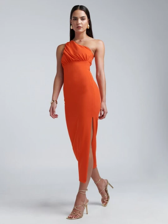 Foto van product BWLDR Cocktailjurk 'WALKER MIDI DRESS' donkeroranje