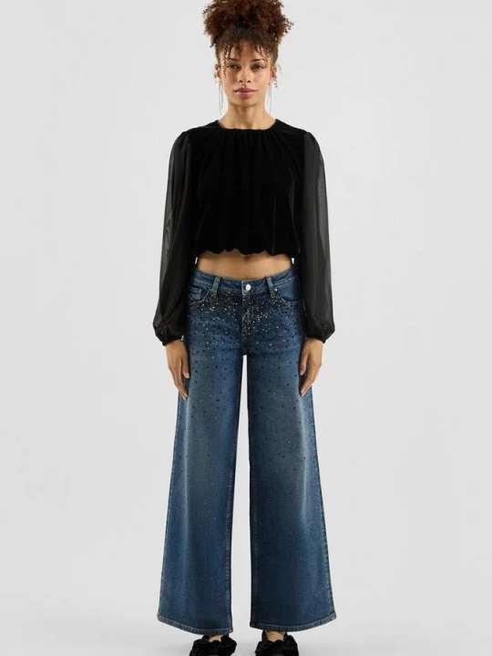 Foto van product Catie jeans / mid rise / wijde pijp / met edelstenen QS blauw