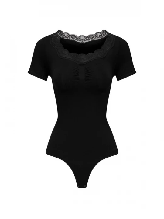 Foto van product cfab Shapingbody 'Lace T-Shirt Bodysuit Sculpting Shapewear with String' zwart