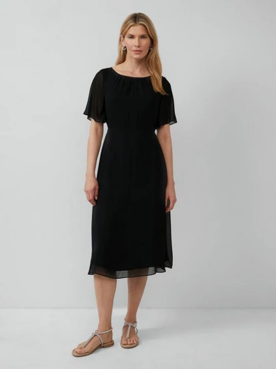 Foto van product Chiffon midi-jurk met korte mouwen en ondoorzichtige voering s.Oliver zwart