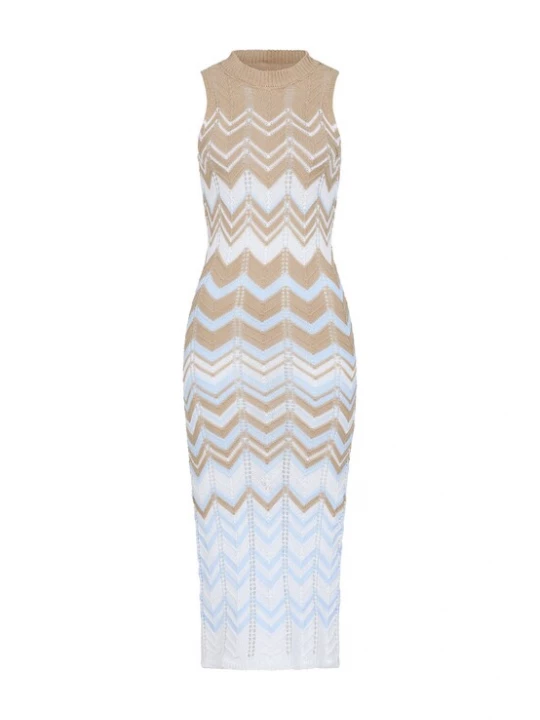 Foto van product Cloud5ive Gebreide jurk camel / pastelblauw / wit