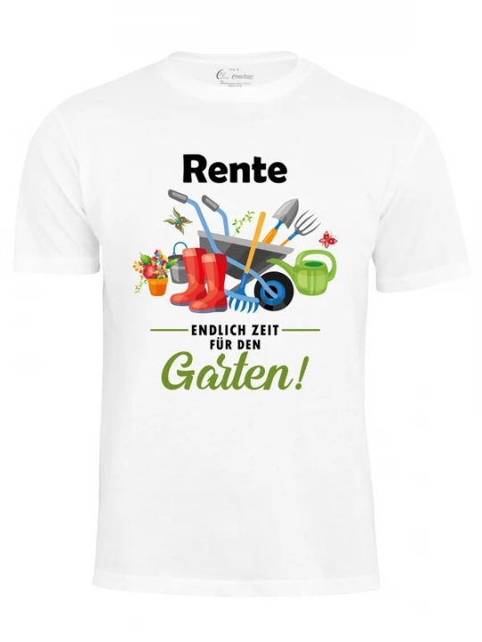 Foto van product Cotton Prime Shirt 'Rente - Endlich Zeit für den Garten' appel / rood / zwart / wit