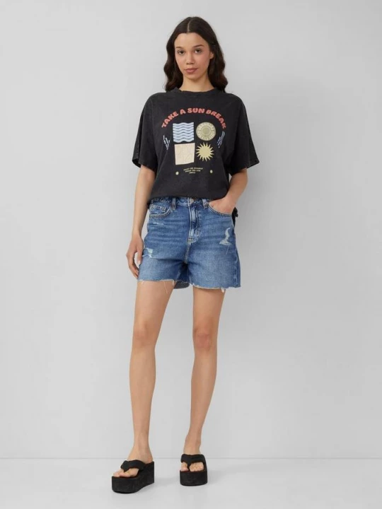 Foto van product Denim mom short / relaxed fit / high rise QS blauw