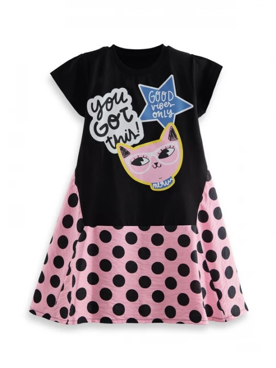 Foto van product Denokids Jurk 'Cool Kitty' blauw / roze gemêleerd / zwart / wit