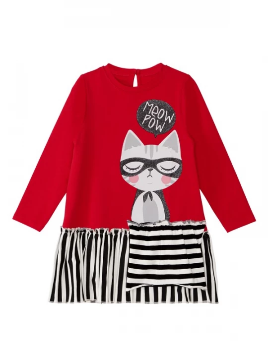Foto van product Denokids Jurk 'Meow' rood / zwart / wit