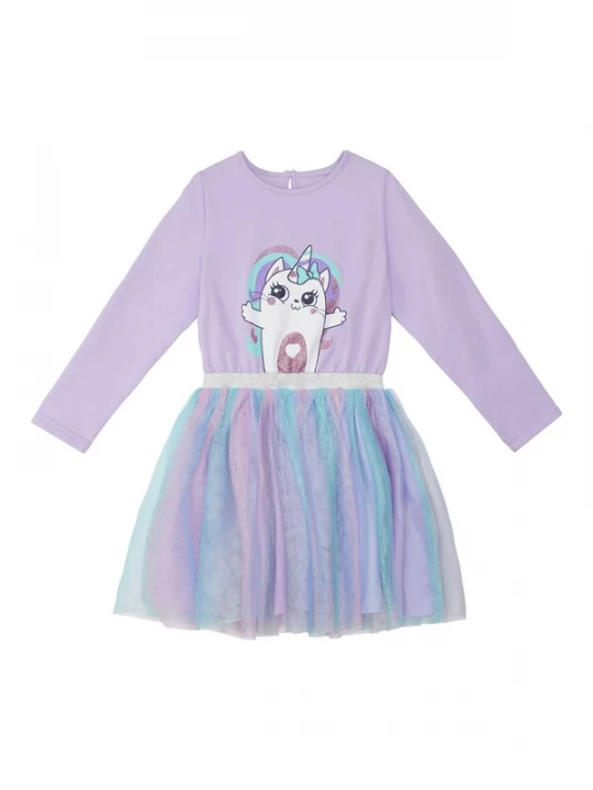 Foto van product Denokids Jurk 'Rainbow Cat' aqua / lila / wit