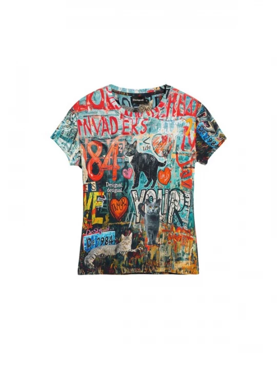 Foto van product Desigual Shirt 'Cats' cyaan blauw / oranjerood / donkerrood / zwart