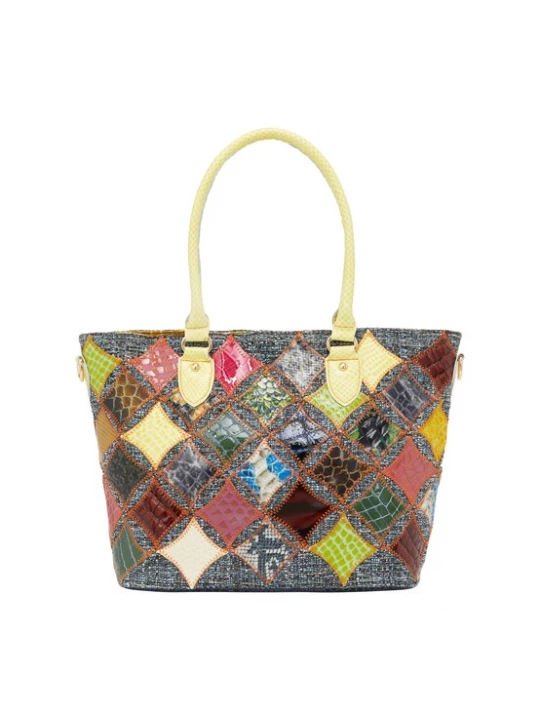 Foto van product ebeeza Shopper pasteelgeel / donkergroen / mauve / zwart
