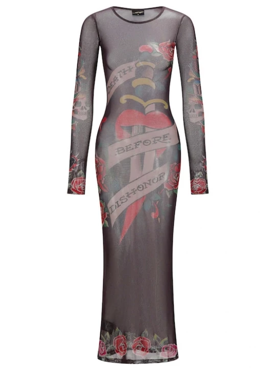 Foto van product Ed Hardy Jurk 'Death Before Dishonor' chocoladebruin / lichtgrijs / rood