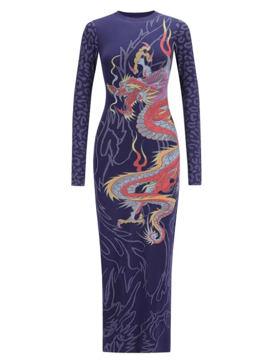 Foto van product Ed Hardy Jurk 'Dragon Flame' marine / opaal / lichtoranje / rood