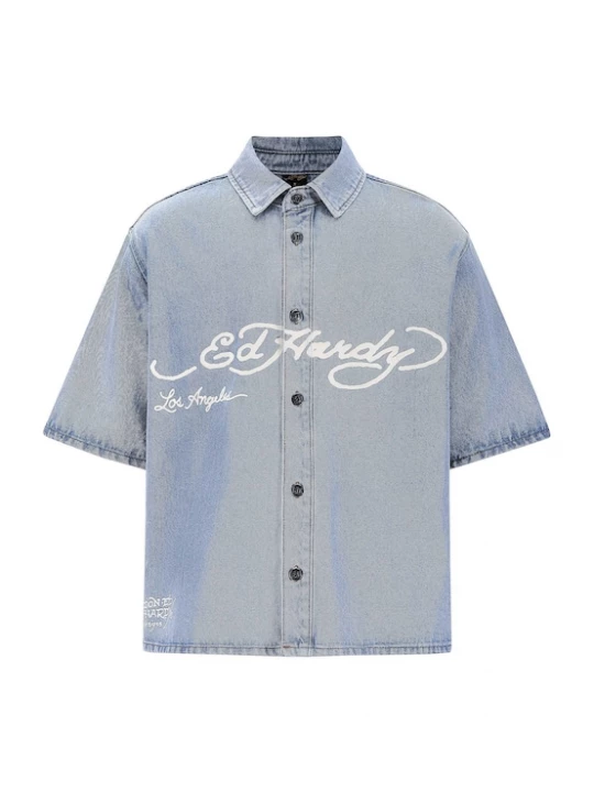 Foto van product Ed Hardy Overhemd 'Adler und Sterne' blauw denim / wit