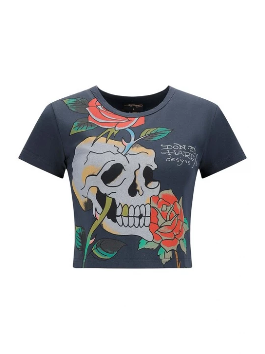 Foto van product Ed Hardy Shirt 'Totenkopf Kletterrose' turquoise / lichtblauw / donkergrijs / oranje