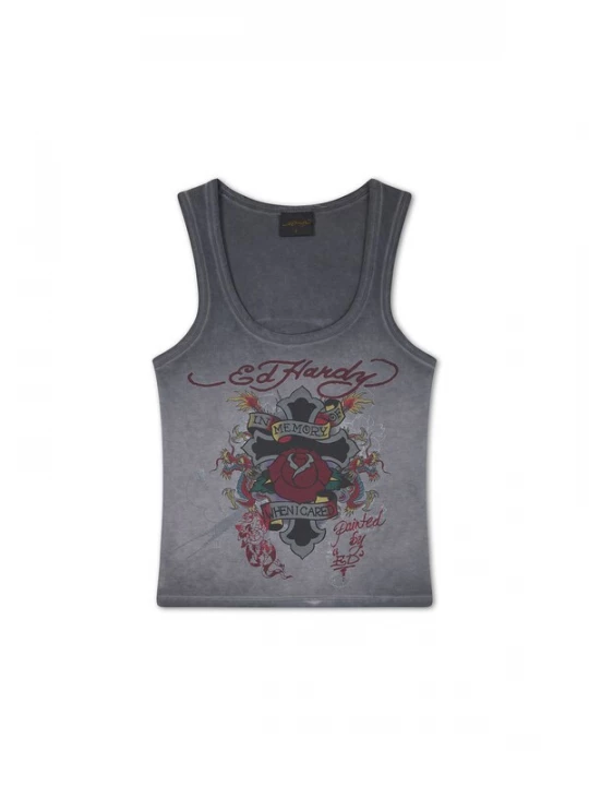 Foto van product Ed Hardy Top 'In Memory of When I Cared' grafiet / donkerrood / zwart gemêleerd
