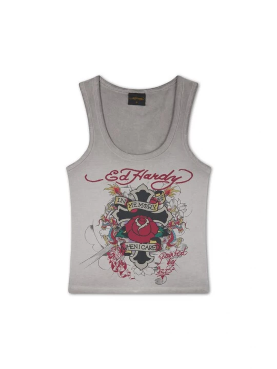 Foto van product Ed Hardy Top 'In Memory Of When I Cared' grijs / groen / donkerrood / zwart