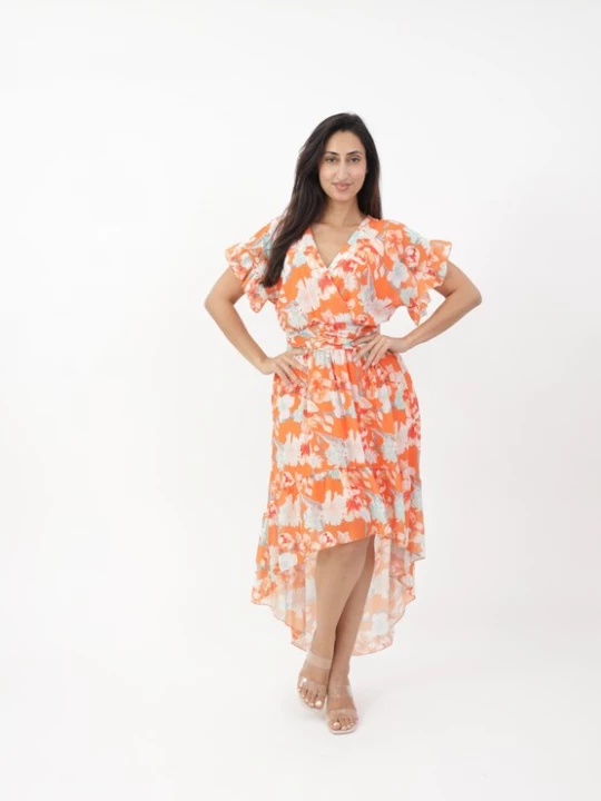Foto van product Elara Jurk lichtblauw / oranje / kreeft / wit
