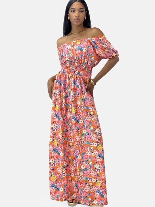 Foto van product Elara Zomerjurk blauw denim / oranje / oudroze / wit