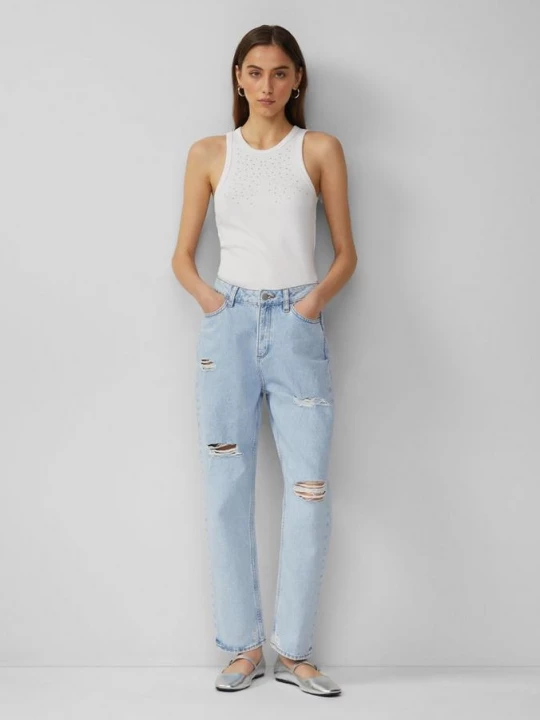 Foto van product Enkeljeans Tizie / slim fit / high rise / tapered leg / details met een destroyed look QS blauw