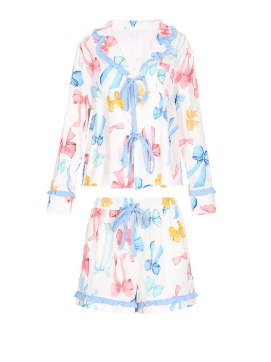 Foto van product faina Korte pyjama lichtblauw / goudgeel / oudroze / wit