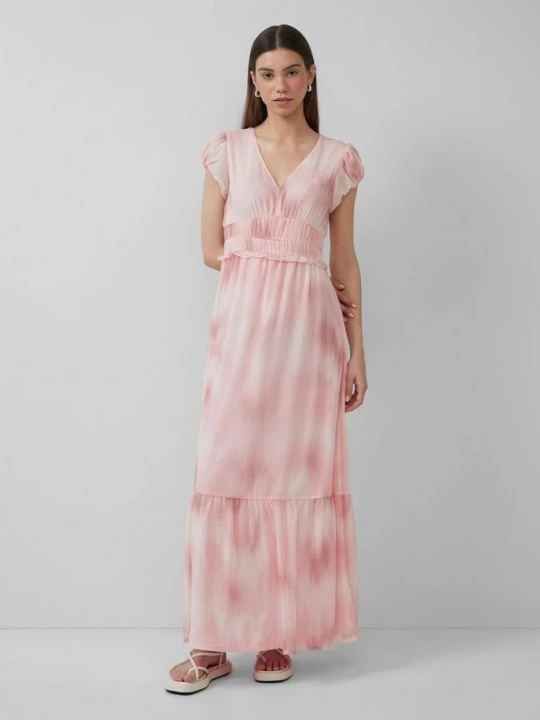 Foto van product Fijne chiffon jurk met print op de voorkant en oversized schouders QS roze