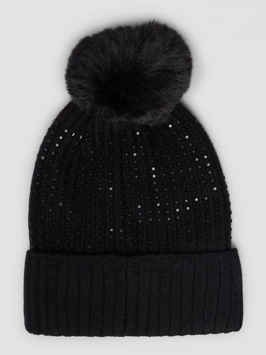 Foto van product Gebreide muts met edelstenen en bobble s.Oliver zwart