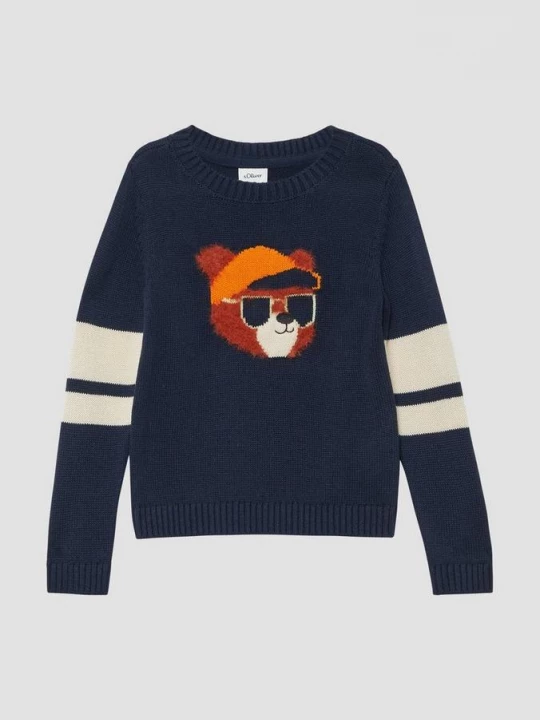 Foto van product Gebreide trui met contrasterende strepen en pluche intarsia s.Oliver blauw