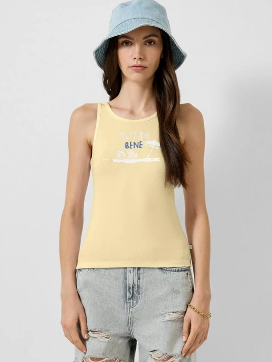 Foto van product Geribbelde tanktop met print QS geel