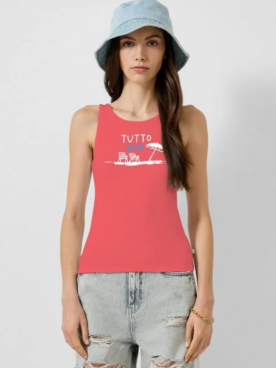 Foto van product Geribbelde tanktop met print QS rood