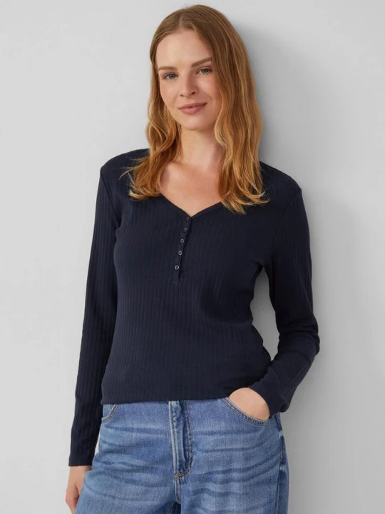 Foto van product Geribd overhemd met lange mouwen en knoopsluiting in slanke pasvorm s.Oliver blauw