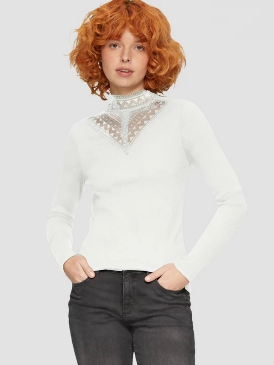 Foto van product Geribd shirt met kanten inzetstuk en opstaande kraag QS crème