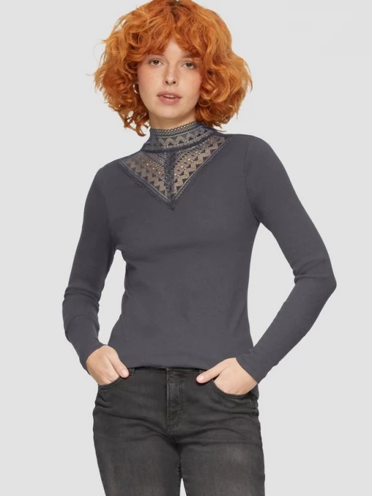 Foto van product Geribd shirt met kanten inzetstuk en opstaande kraag QS grijs