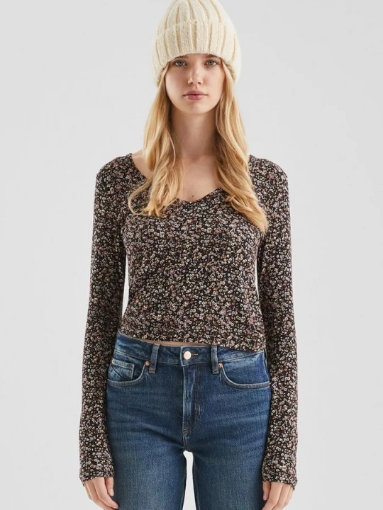 Foto van product Geribd T-shirt van viscosemix met all-over print QS