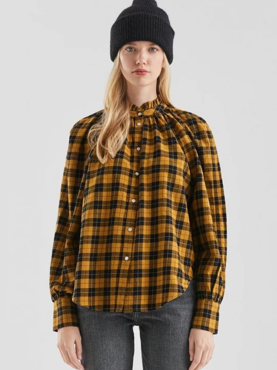 Foto van product Geruite blouse met raglanmouwen en franje op de opstaande kraag QS