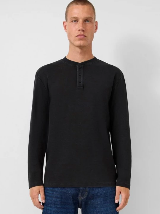 Foto van product Gewassen henley shirt met lange mouwen en geribde textuur QS zwart