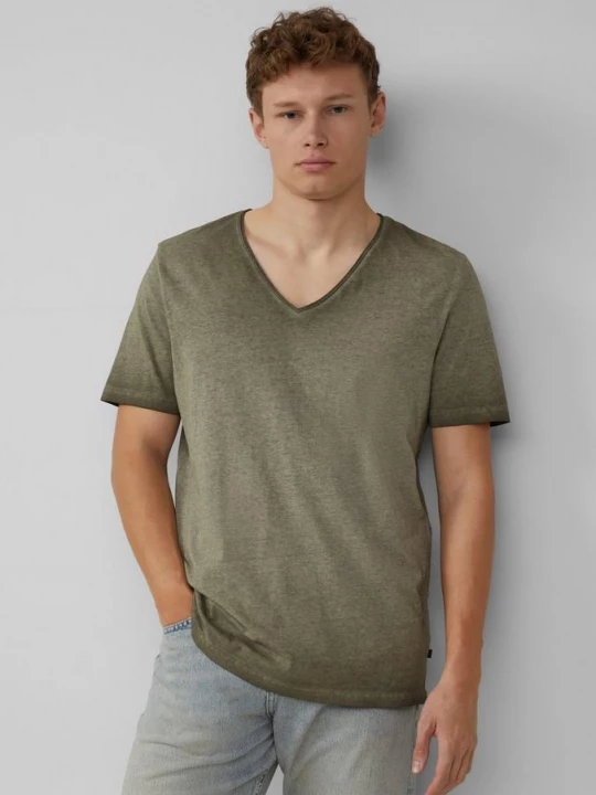 Foto van product Gewassen T-shirt met rolrandje en gemêleerde look QS olijfgroen