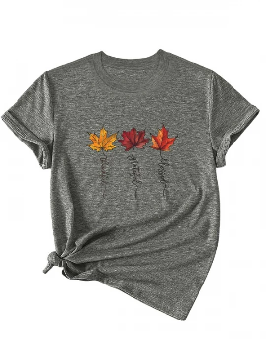 Foto van product GORHEY Shirt 'Women's Summer Short-Sleeve Shirt with Maple leaves Print Tees' grijs